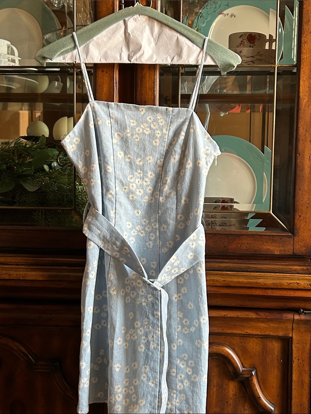 Zara Light Blue Floral Spaghetti-Strap Dress with Belt